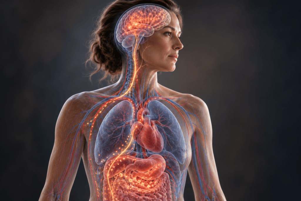 Biomedical visualization showing inflammatory signals traveling from the body toward the brain.