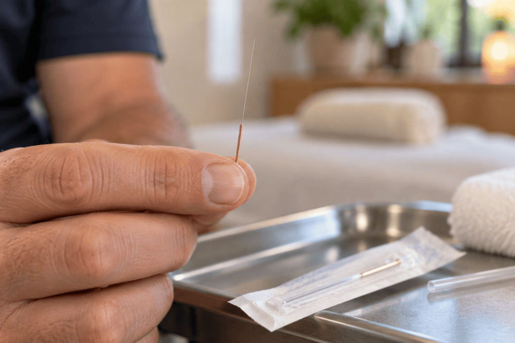 Close-up of an acupuncturist holding an extremely fine sterile acupuncture needle.
