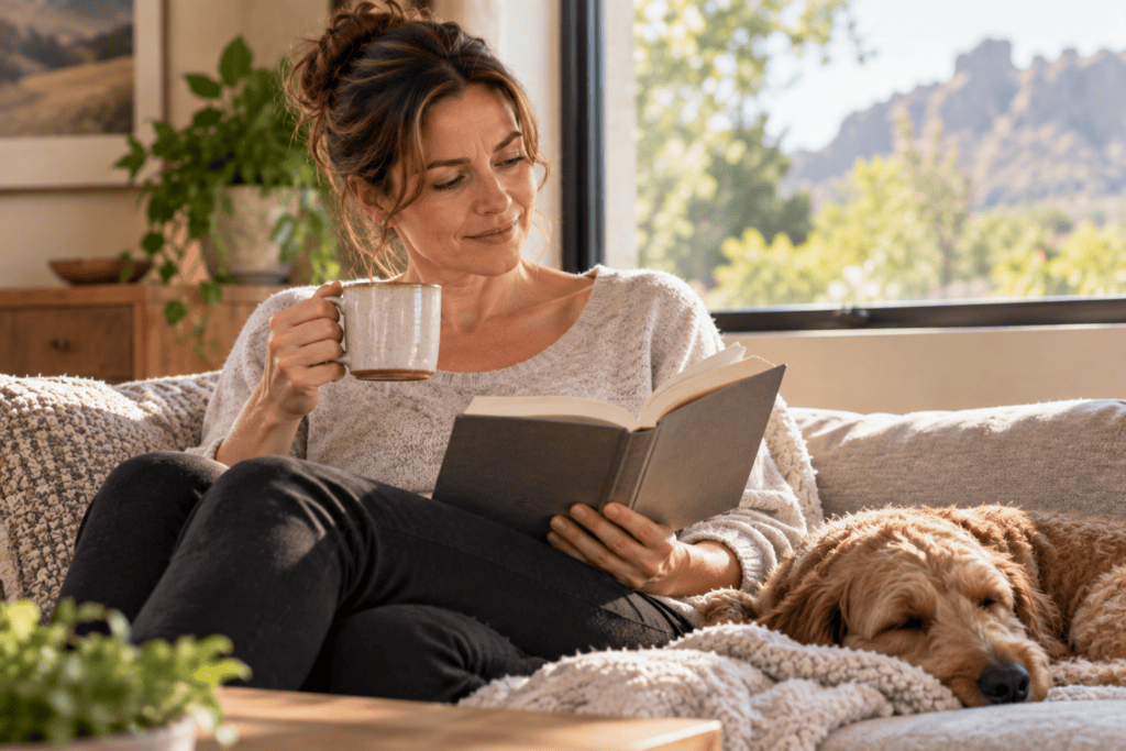 Woman relaxing comfortably at home after an acupuncture treatment.