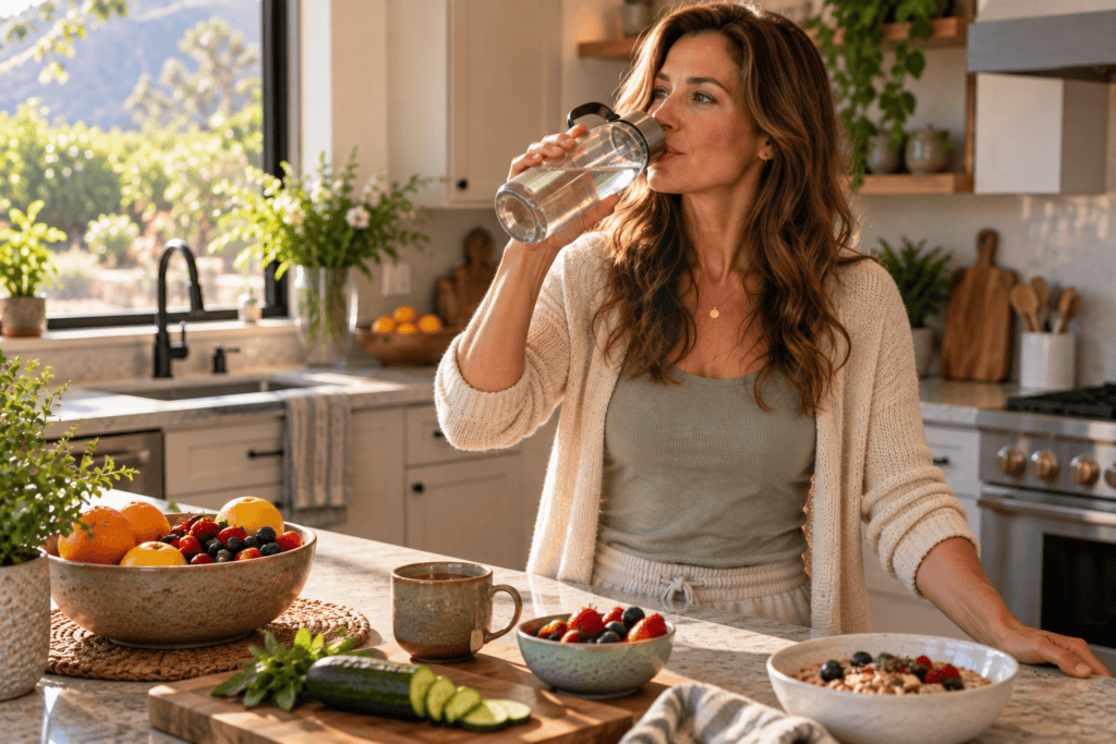 Woman drinking water beside a breakfast containing foods and beverages that also contribute to hydration.