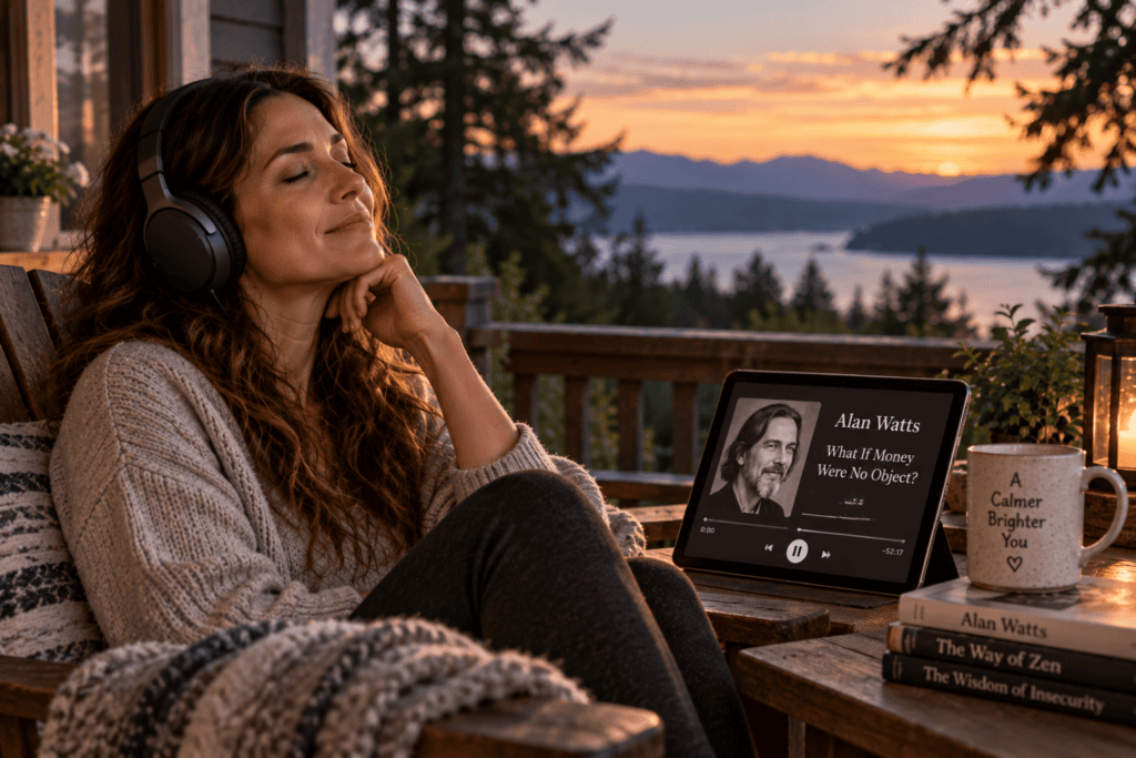 Person on a porch at dusk wearing headphones, eyes closed, listening intently.
