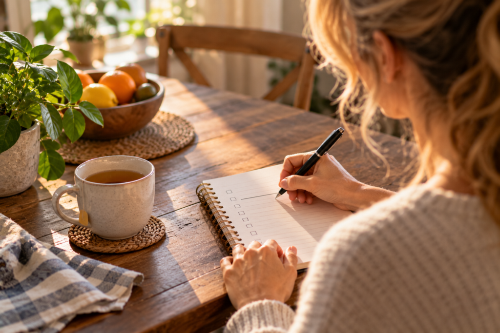Hand writing a short list on a notepad at a sunny kitchen table, tea nearby.