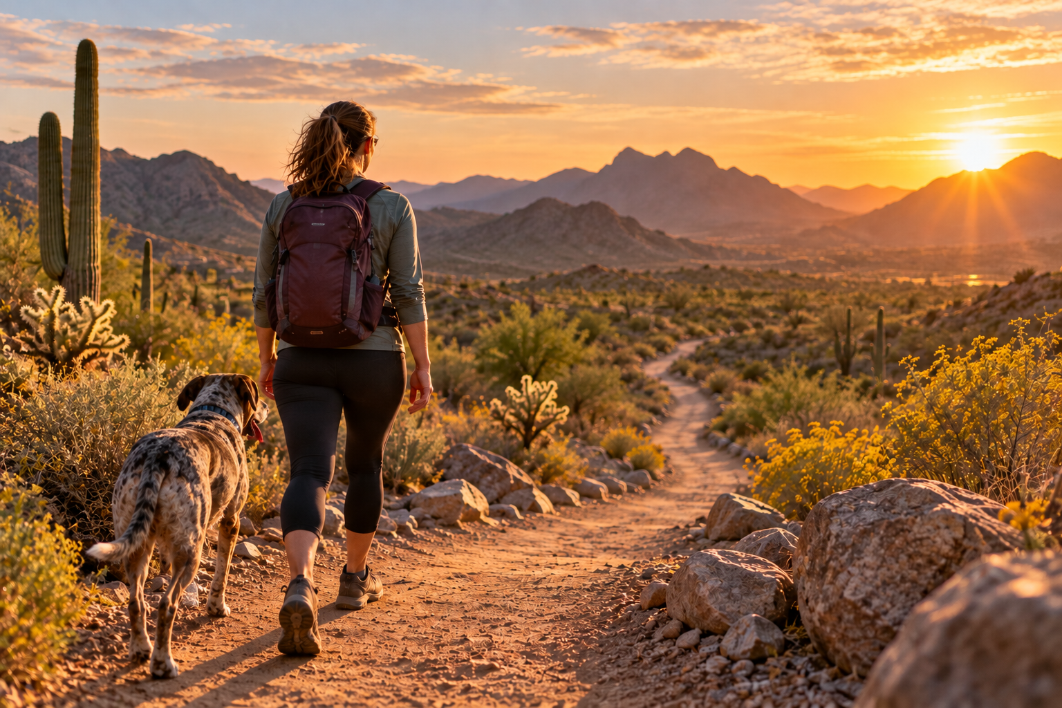 Person seen from behind taking a first step onto a long desert trail at sunrise.