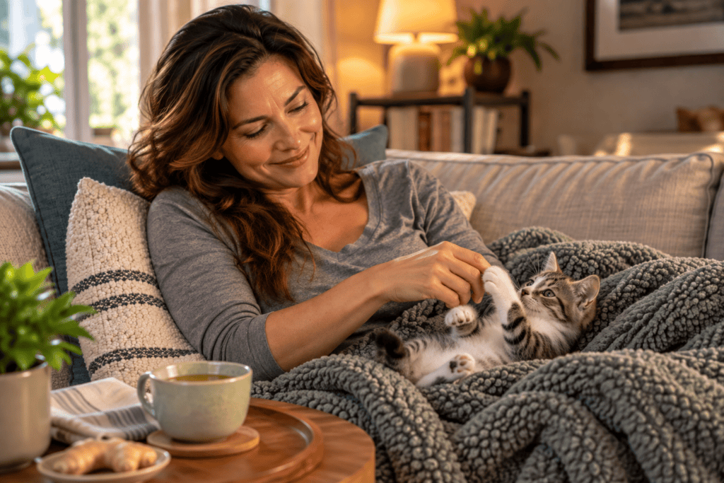 Person sitting up on a couch calmly sipping a small cup of ginger tea, looking relieved.