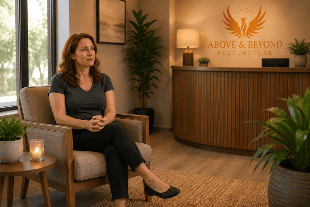 Woman sitting quietly in an acupuncture clinic before her first trauma-informed acupuncture appointment.