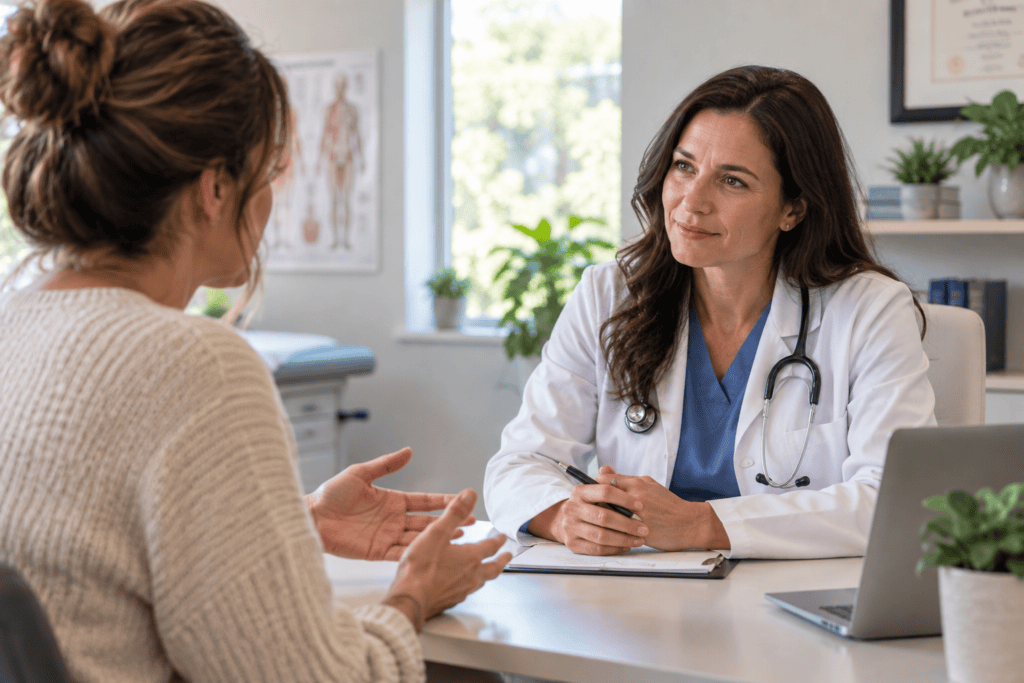 Person talking with an attentive doctor about frequent illness in a bright office.
