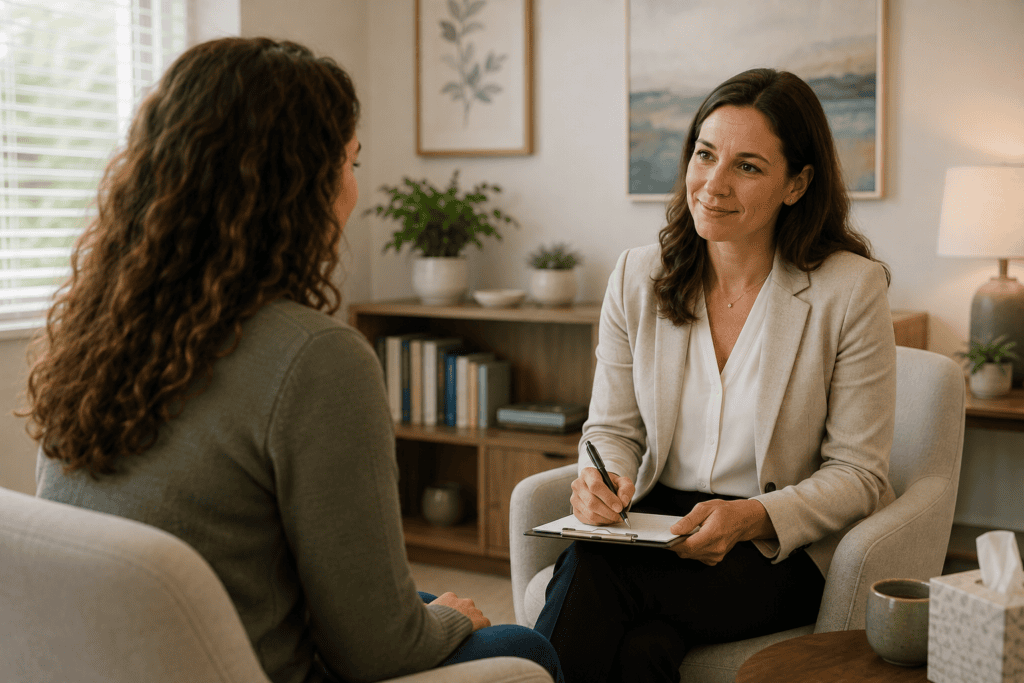 Person talking warmly with a compassionate healthcare provider in a bright office.