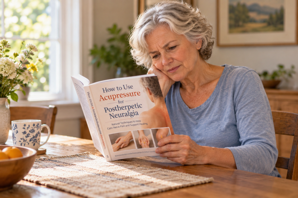 Older woman sitting comfortably in her dining room reading a book about using acupressure for postherpetic neuralgia.