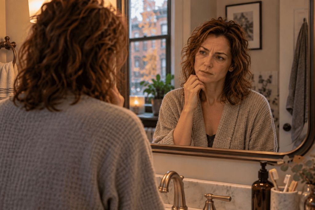 Woman pausing in front of a mirror while becoming aware of a self-critical thought.