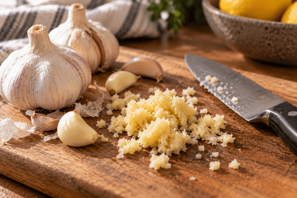 Freshly crushed garlic cloves resting on a wooden cutting board with a knife nearby.