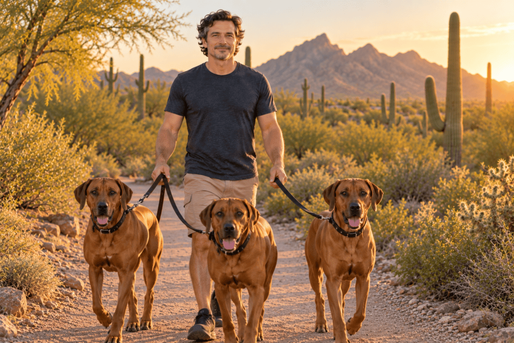 Man walking comfortably on a Scottsdale desert trail with his jaw and shoulders relaxed after dealing with chronic tension.