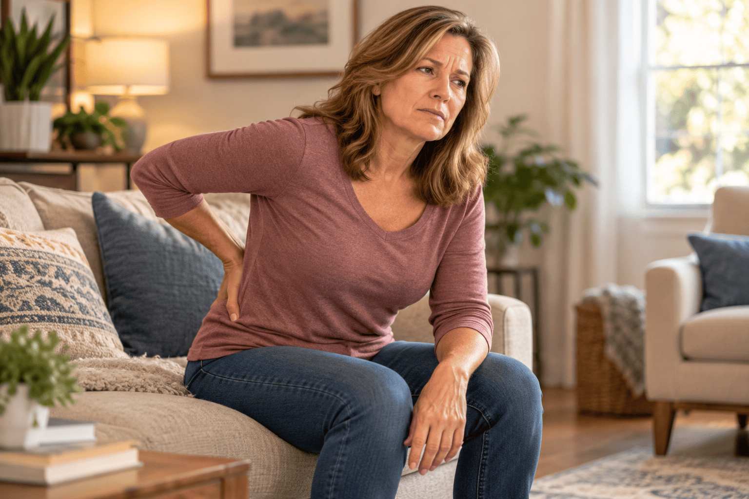 Person sitting on the edge of a couch with a hand pressed to the lower back, looking weary.
