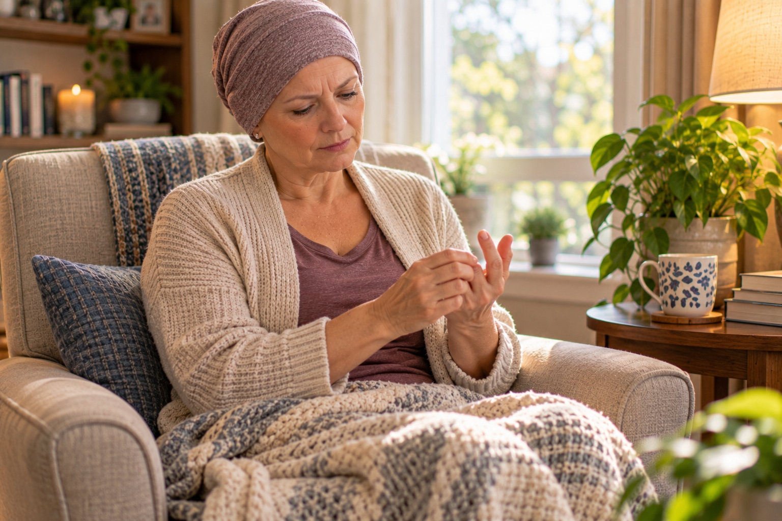 Woman in a soft knit cap in an armchair gently rubbing her fingertips, a blanket over her lap.