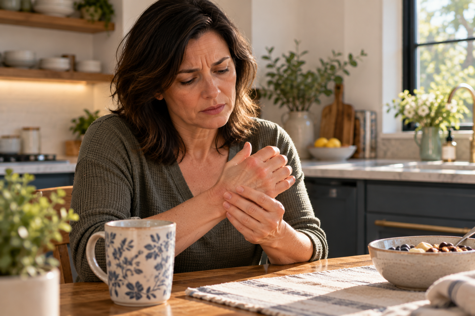 Person at a kitchen table in the morning gently rubbing the knuckles of a slightly swollen hand.