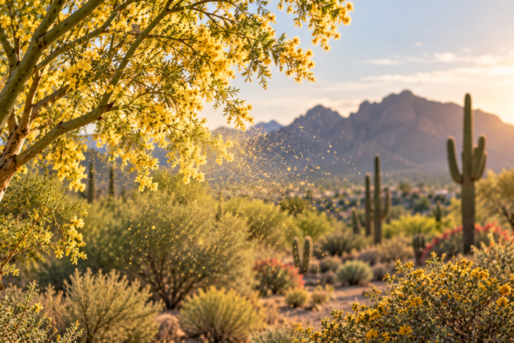 Desert landscape near Phoenix with a flowering tree releasing pollen in warm spring light.