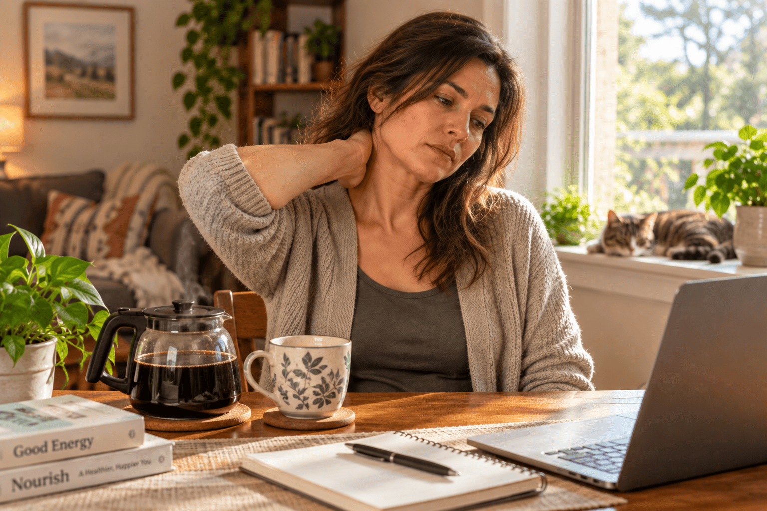 Tired person at home in daytime stretching and rubbing their neck by a window, a cup of tea nearby.