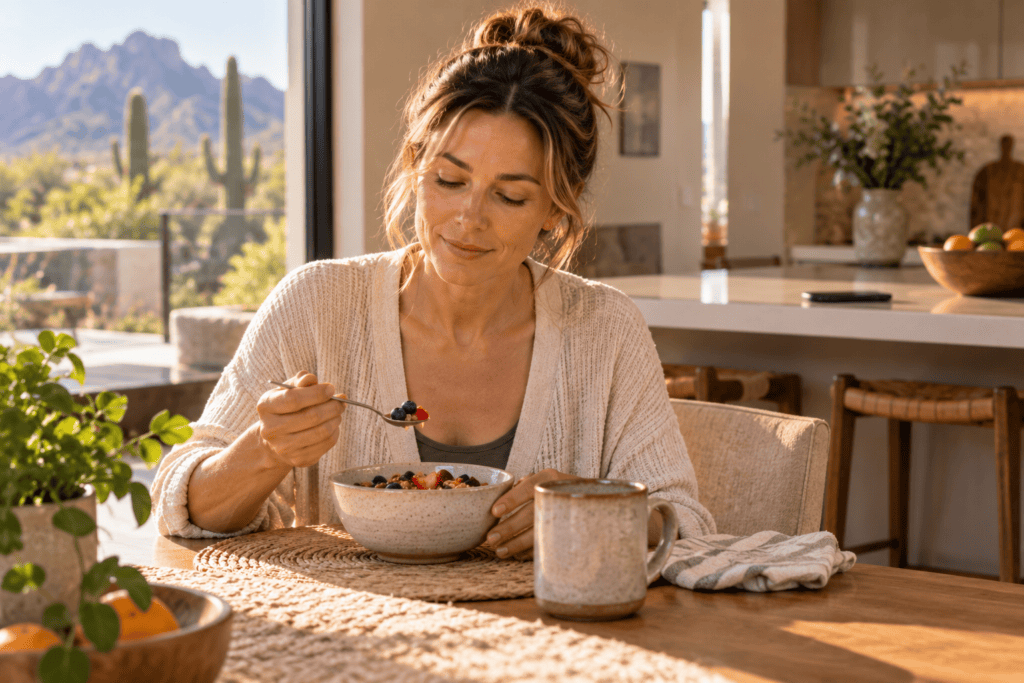 Woman mindfully enjoying breakfast without looking at her phone or other distractions.