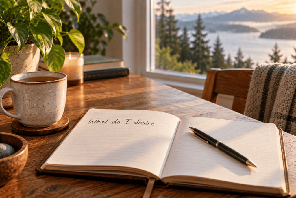 Open journal and pen on a wooden table beside a cup of tea in soft morning light.