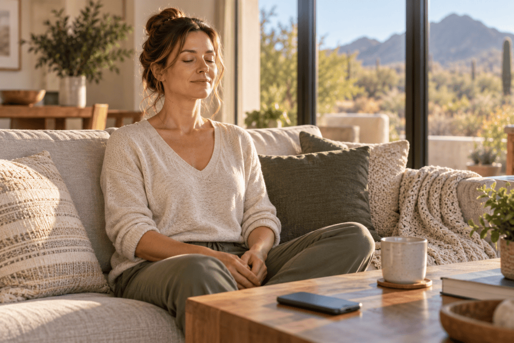 Woman sitting quietly after putting her phone aside and taking a moment to be present.