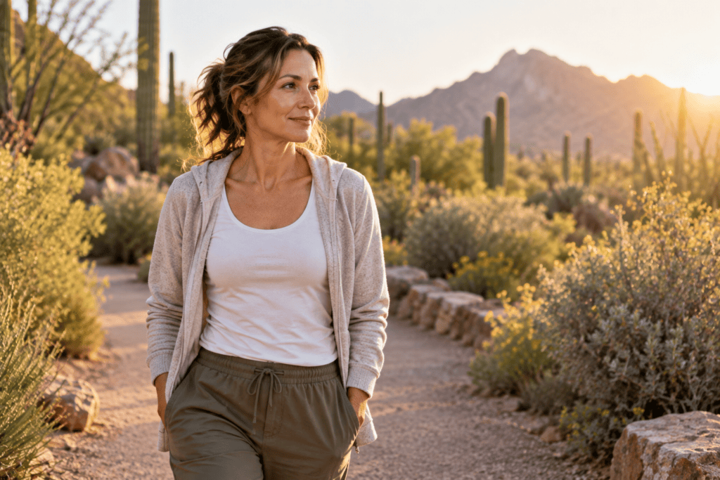 Woman walking peacefully outdoors while reflecting on her health and wellness choices.