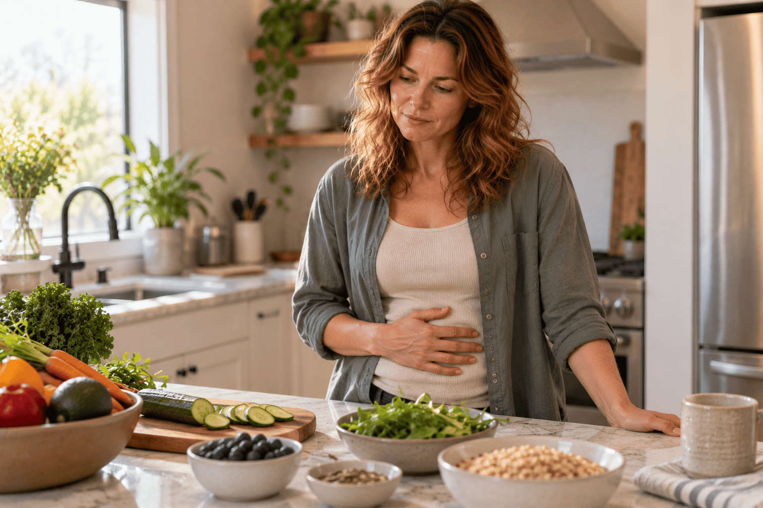 Person in a kitchen with a hand on their stomach, thoughtfully considering food while managing IBS.