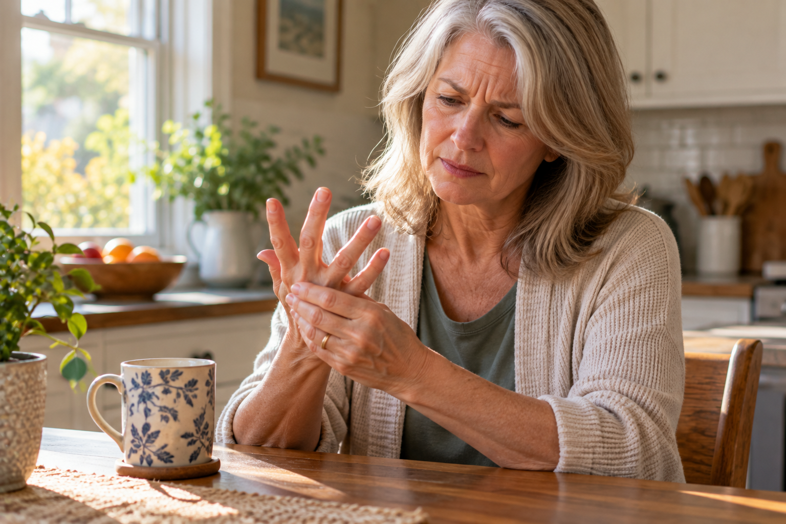 Person at a kitchen table rubbing the fingers of one hand with a look of discomfort.