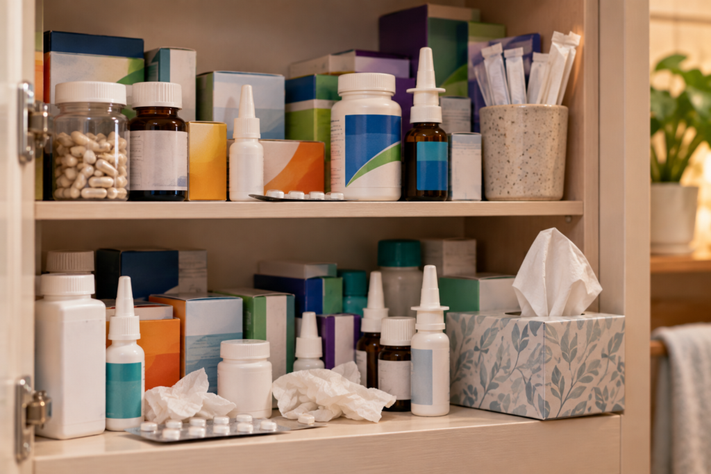 Crowded cabinet shelf filled with unbranded allergy medication boxes and nasal sprays.