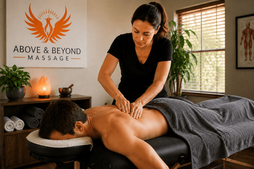 Massage therapist performing therapeutic bodywork on a man’s lower back and hip.
