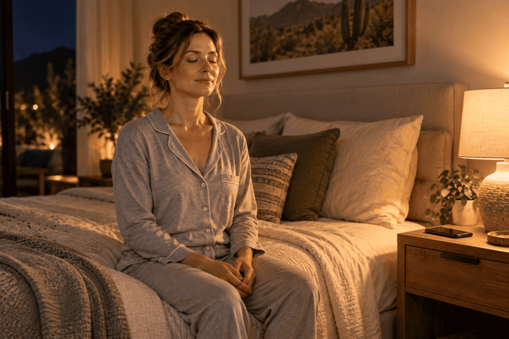 Woman meditating quietly on the edge of her bed before going to sleep.