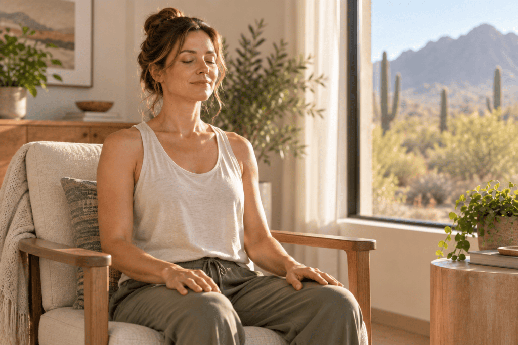 Woman sitting comfortably in a chair practicing a simple breathing meditation.