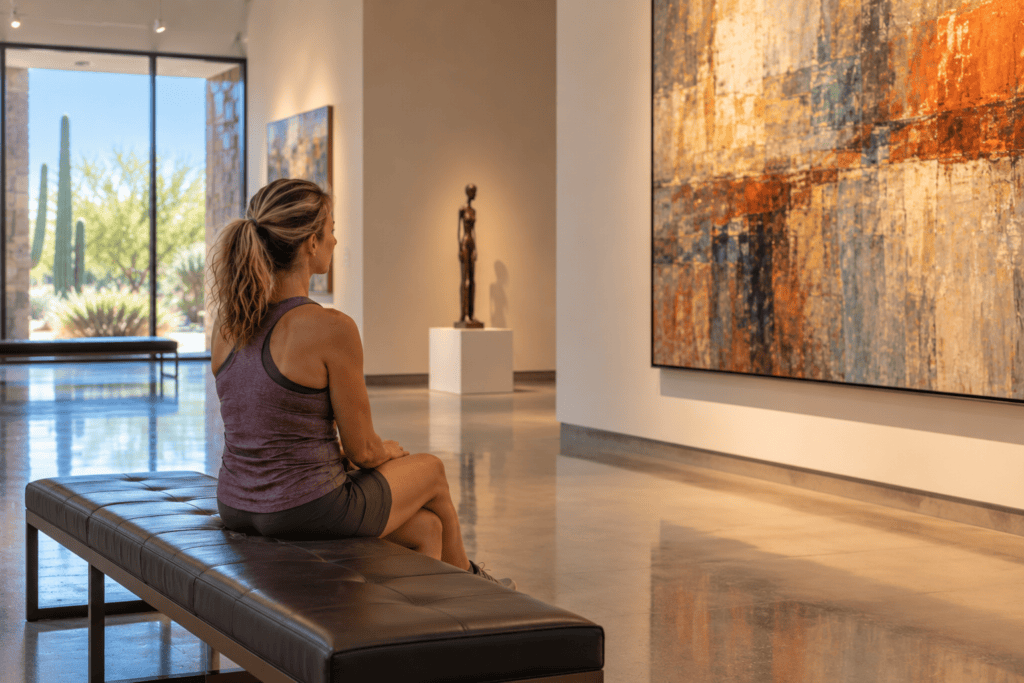 Woman enjoying a quiet reflective moment inside a peaceful Phoenix art gallery.