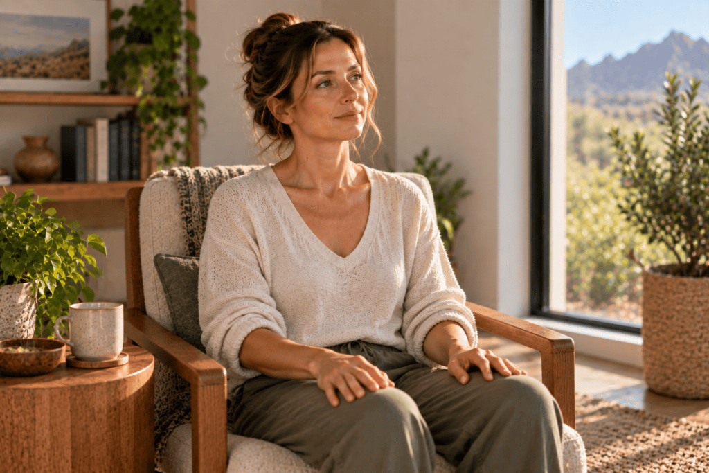 Woman thoughtfully checking in with herself after finishing a meditation session.