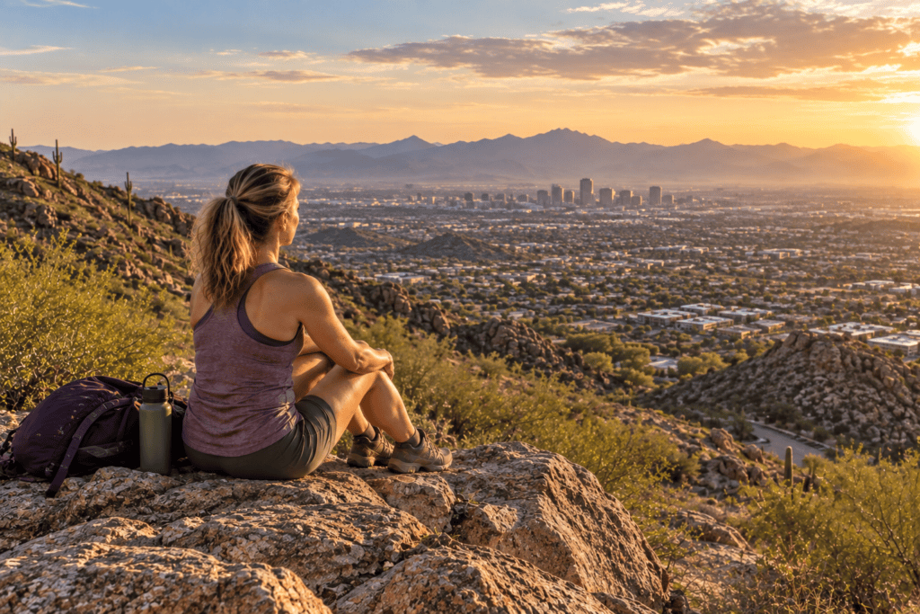 Woman sitting quietly at North Mountain overlooking the Phoenix Valley.