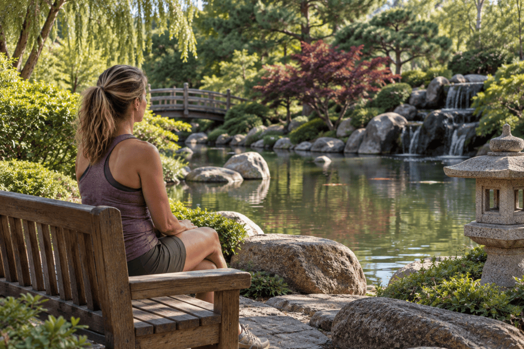 Woman sitting quietly beside the pond at the Japanese Friendship Garden in Phoenix.