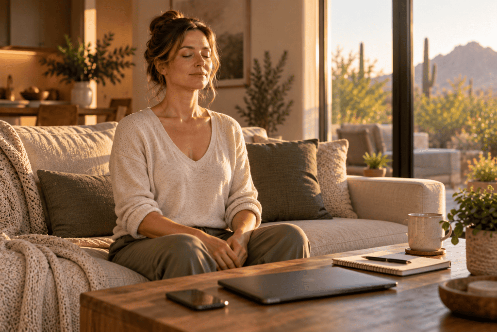 Woman taking a quiet meditation break after a stressful day at home.
