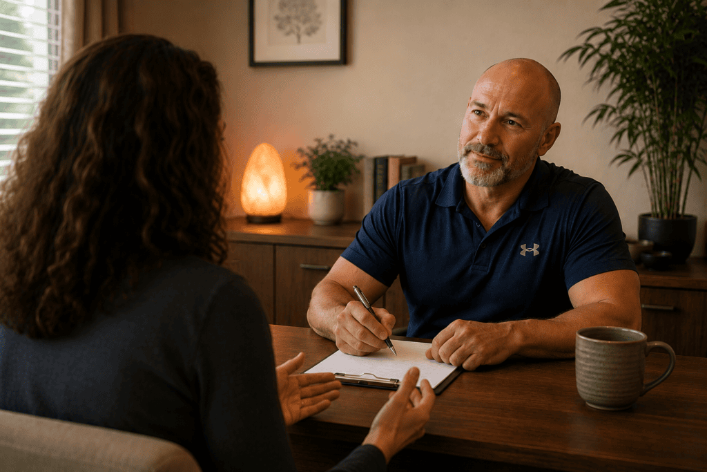 Acupuncturist listening attentively to a patient during a calm consultation about stress.