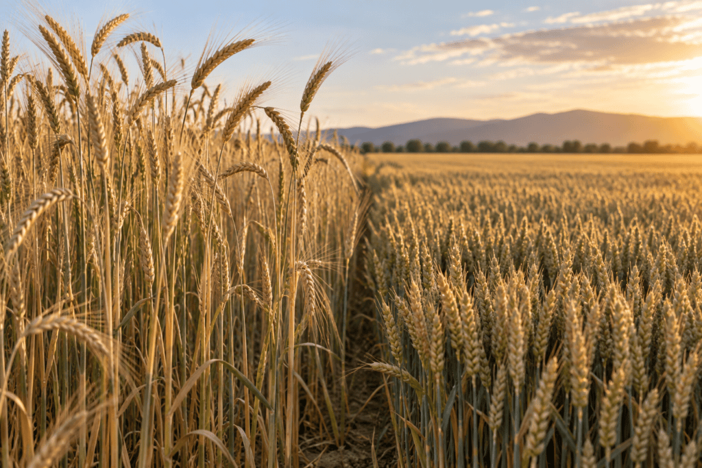 Tall heritage wheat stalks shown beside shorter uniform modern commercial wheat.