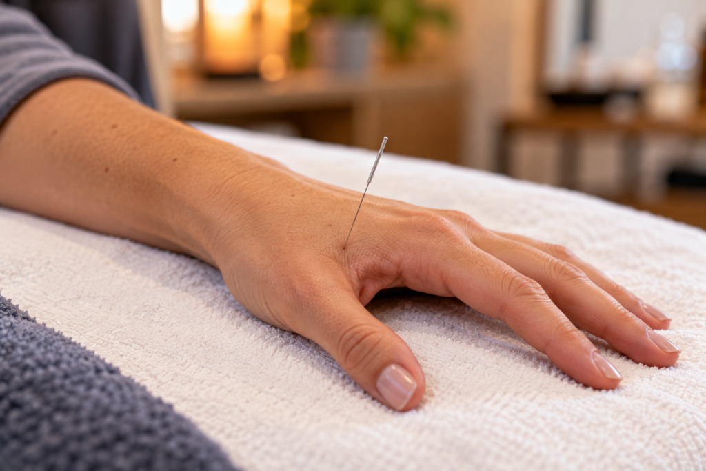 Patient's hand on a treatment table with a single fine needle between the thumb and index finger.