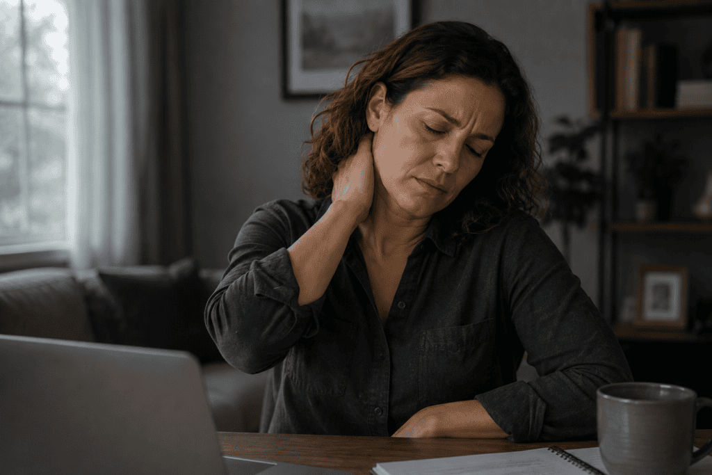 Person with tense shoulders rubbing a stiff neck, showing the physical toll of stress.
