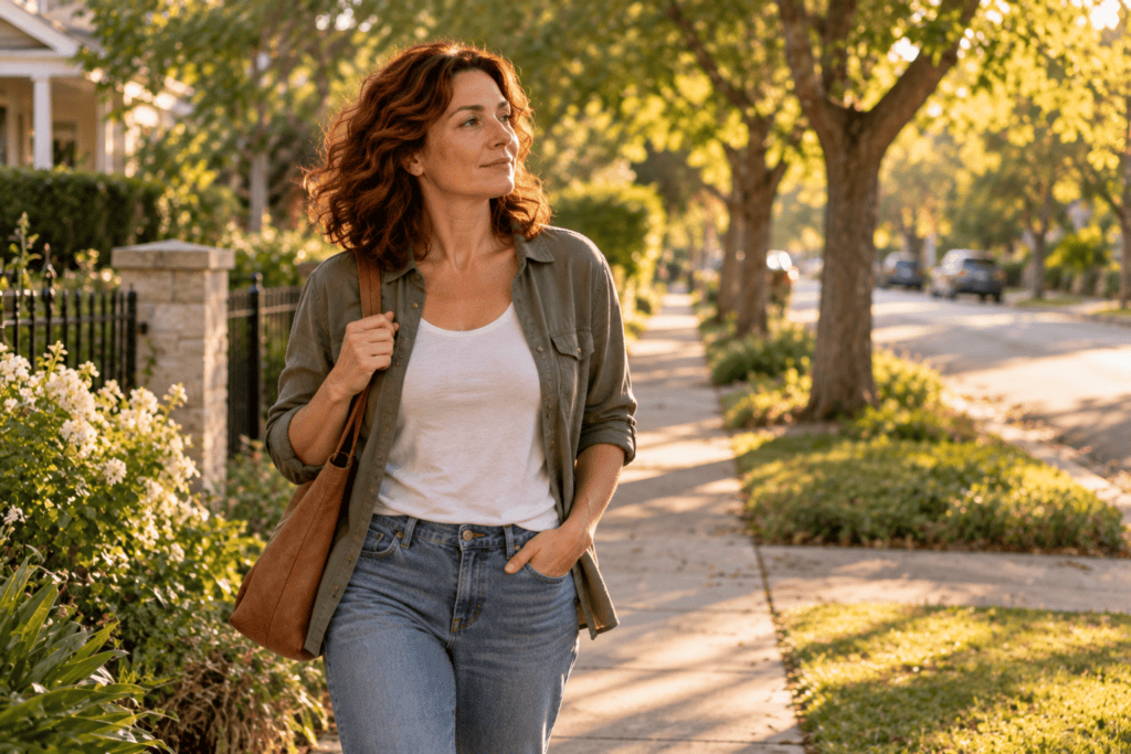 Woman walking peacefully outdoors with a relaxed and grounded expression.