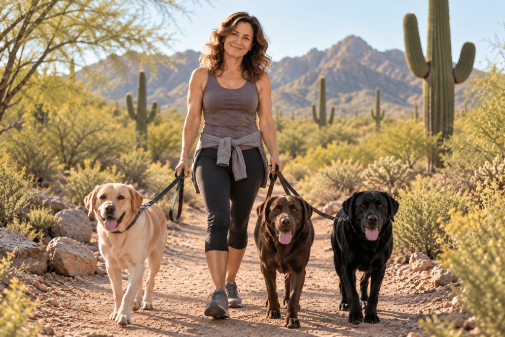 Woman comfortably walking two dogs on a Scottsdale desert trail after making progress with chronic pain.