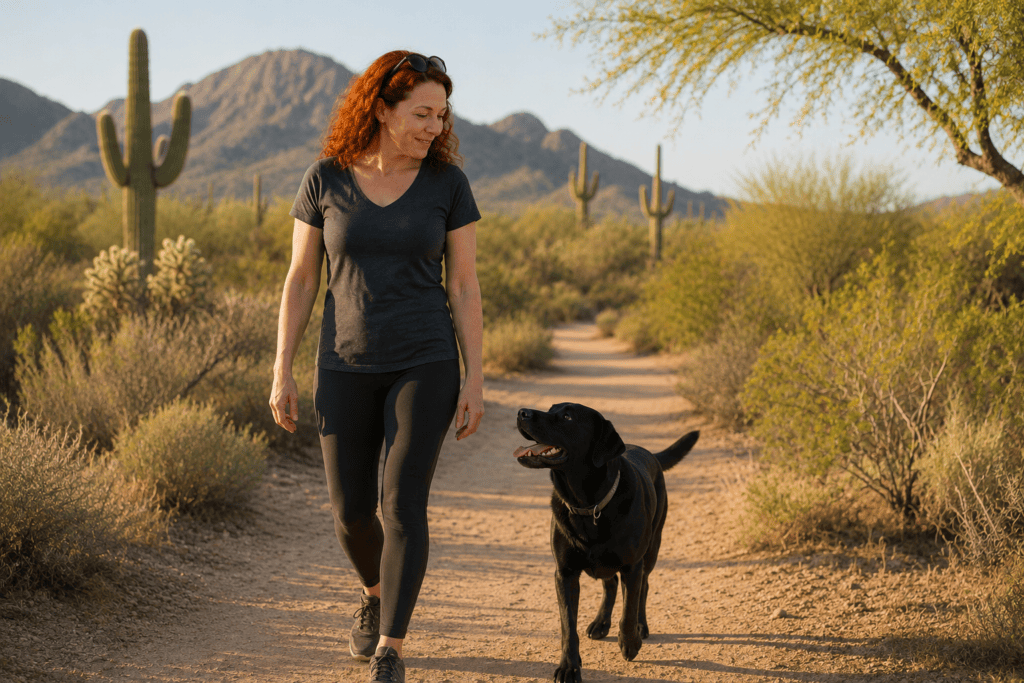 Woman walking peacefully with her dog on a Scottsdale desert trail.
