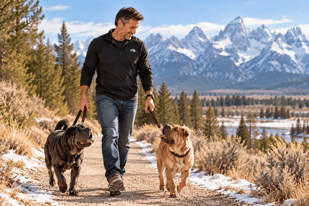 Man walking two Shar-Pei dogs on a Wyoming trail with snow-capped mountains in the background.
