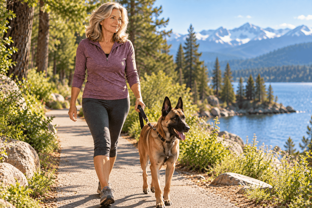 erson in their 60s walking comfortably along a sunny park path with a gentle smile.