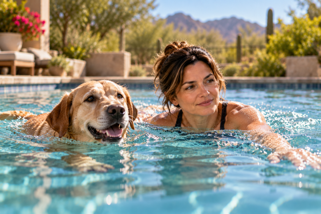 Person swimming slow, easy laps in an outdoor pool on a sunny morning, relaxed.