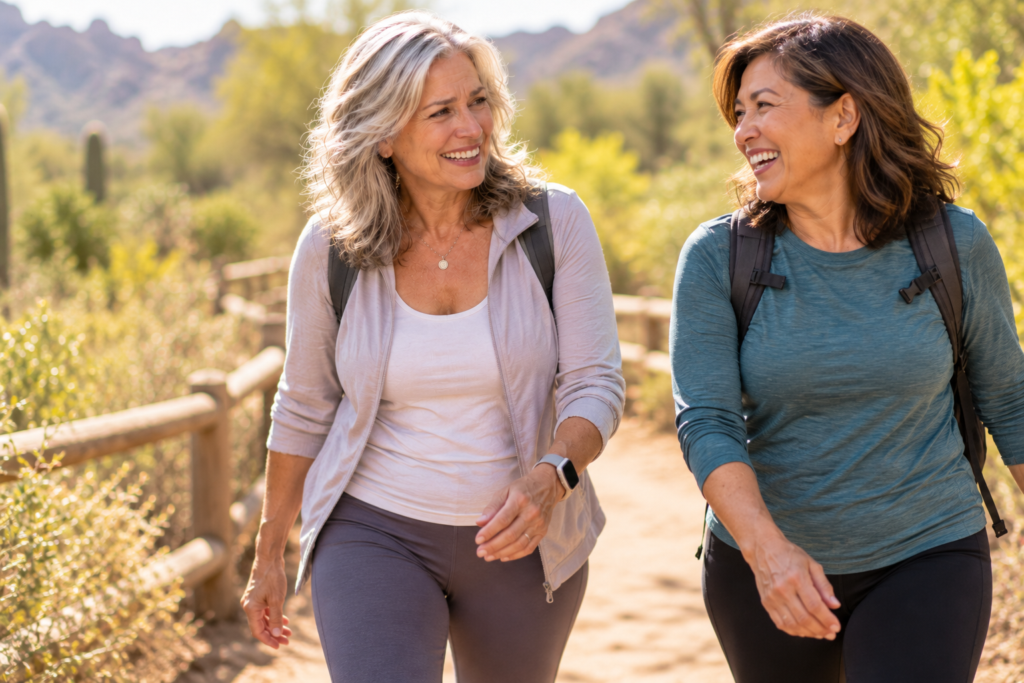 Woman striding confidently on a sunny trail with a friend, laughing freely and at ease.