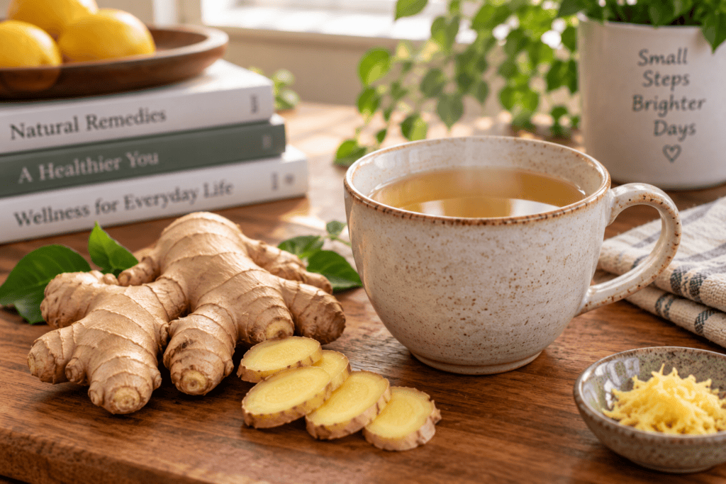 Fresh ginger root and a warm cup of ginger tea on a clean wooden surface.