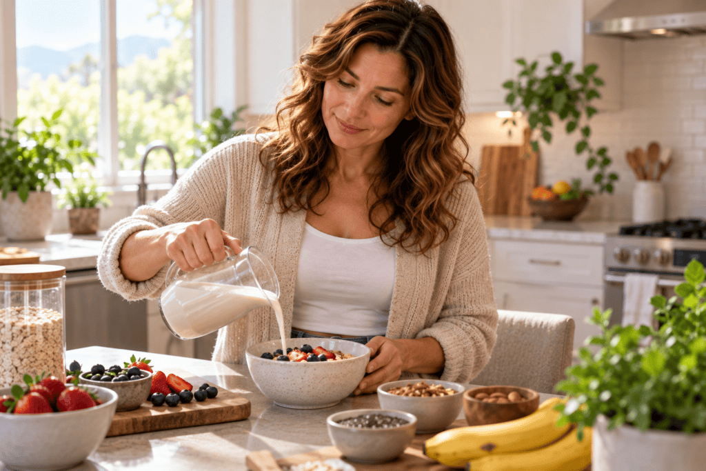 Woman preparing a dairy-free breakfast at home after making changes to her diet.