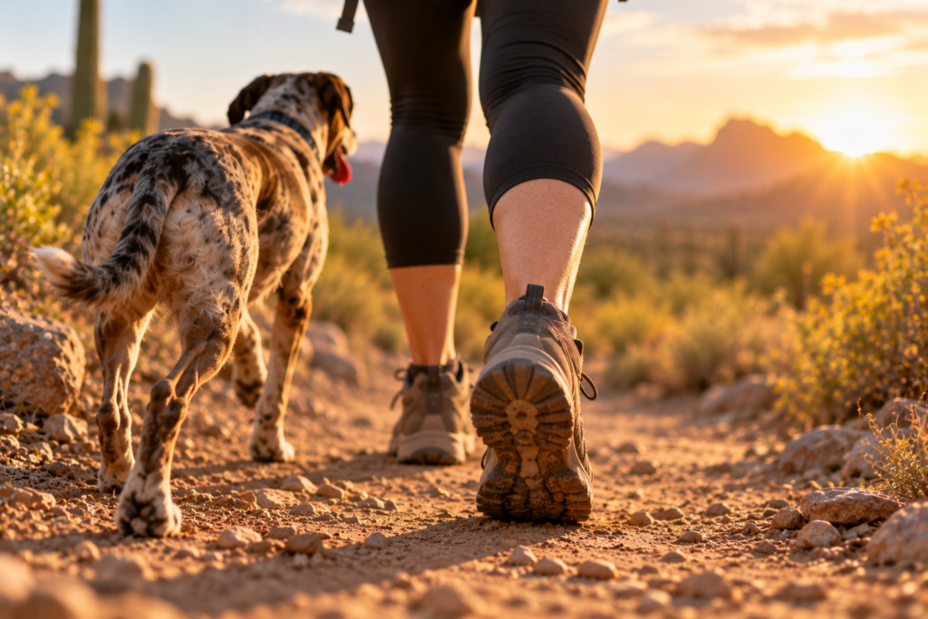 Close-up of hiking boots mid-stride on a dusty trail in soft morning light.