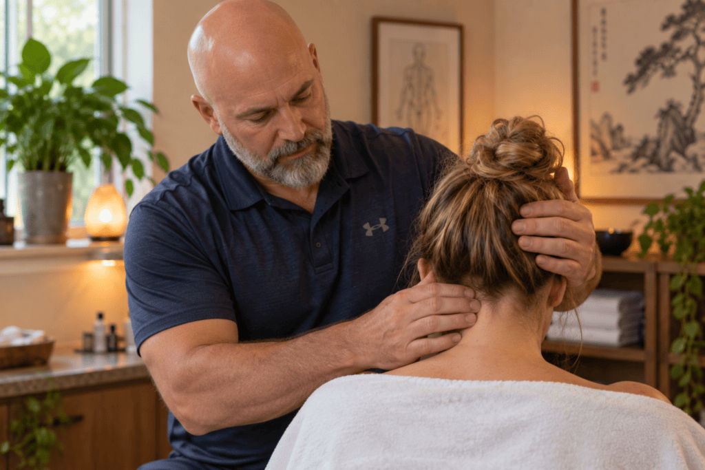 Acupuncturist gently examining the base of a patient's skull and neck in a calm clinic.